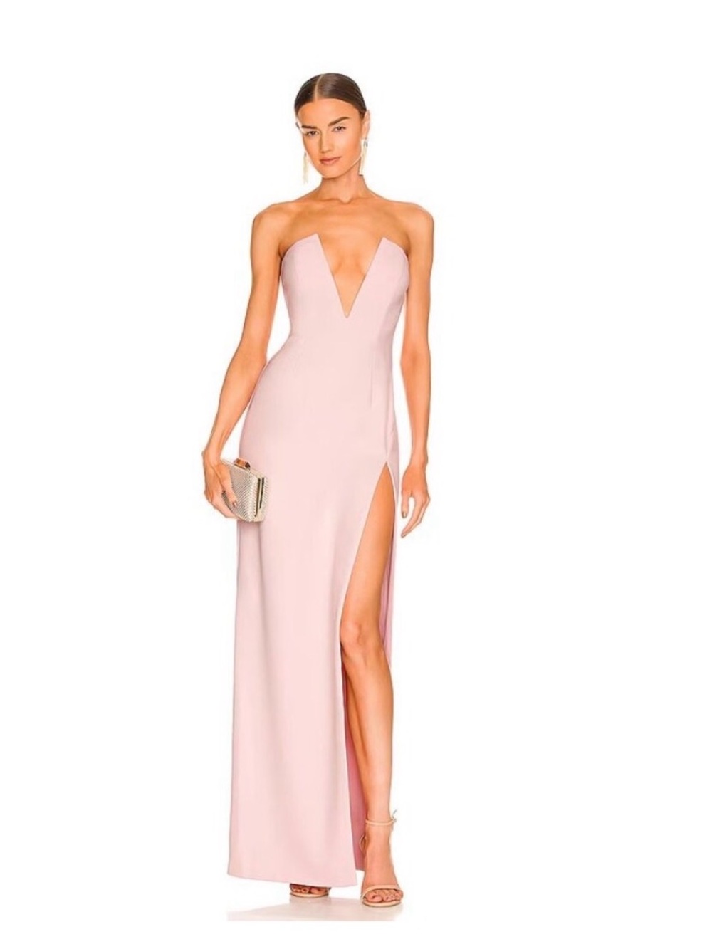 Katie May Strapless Blush Pink Gown with Plunging V and Thigh Slit